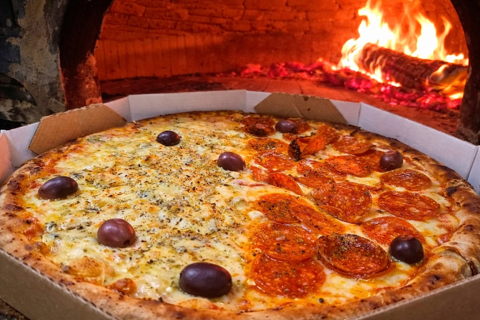 Pizza meio a meio quatro queijos e pepperoni na caixa de delivery, em frente ao forno a lenha